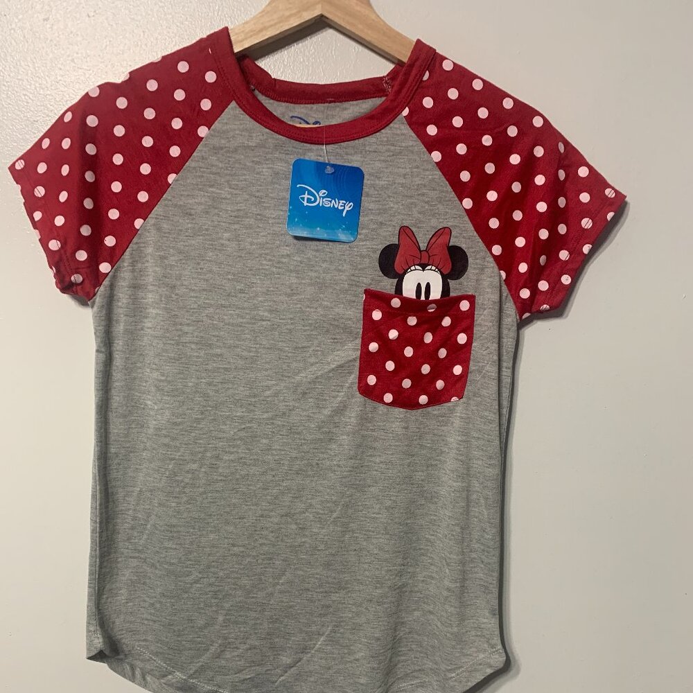 Disney Minnie Mouse Polka Dot Pocket T-Shirt Juniors 3/5 Small Gray Red White